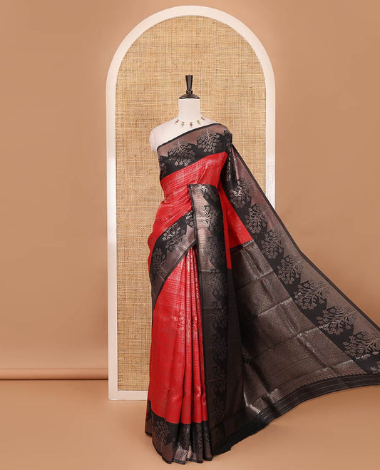 Red zari checked & floral buttas kanchi silk saree,contrast satin border of floral zari motifs,intrictae pallu & contrast plain blouse