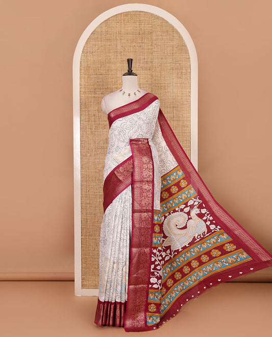 Cream kalamkari floral vine & peacock printed dola silk saree, contrast kanchipuram traditional zari purple border & colorful kalamkari printed pallu