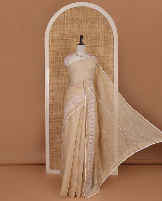 Sandal diamond patterns white resham thread embroidered mercerised cotton saree, lace border, and matching plain blouse
