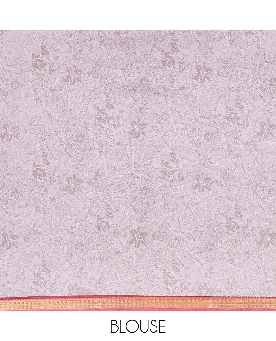 Grey Printed Silk Saree, Adorned with Floral-Vine Print, a Contrast Traditional Zari Border, Floral Pallu, and a Matching Blouse
