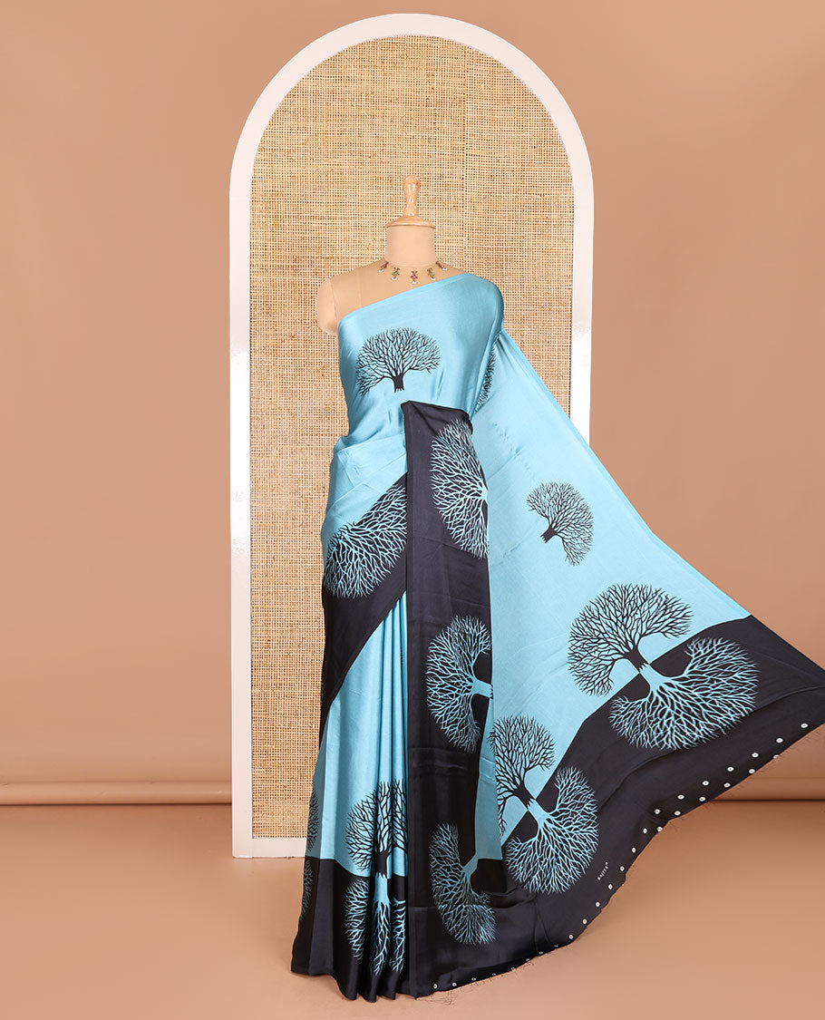 Blue tree motifs digitally printed Gajji silk saree with contrast printed border of upside down tree motifs, and contrast printed blouse