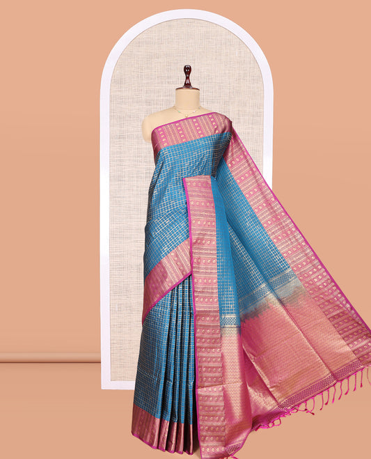 Blue Budget Zari Checks Silk Saree