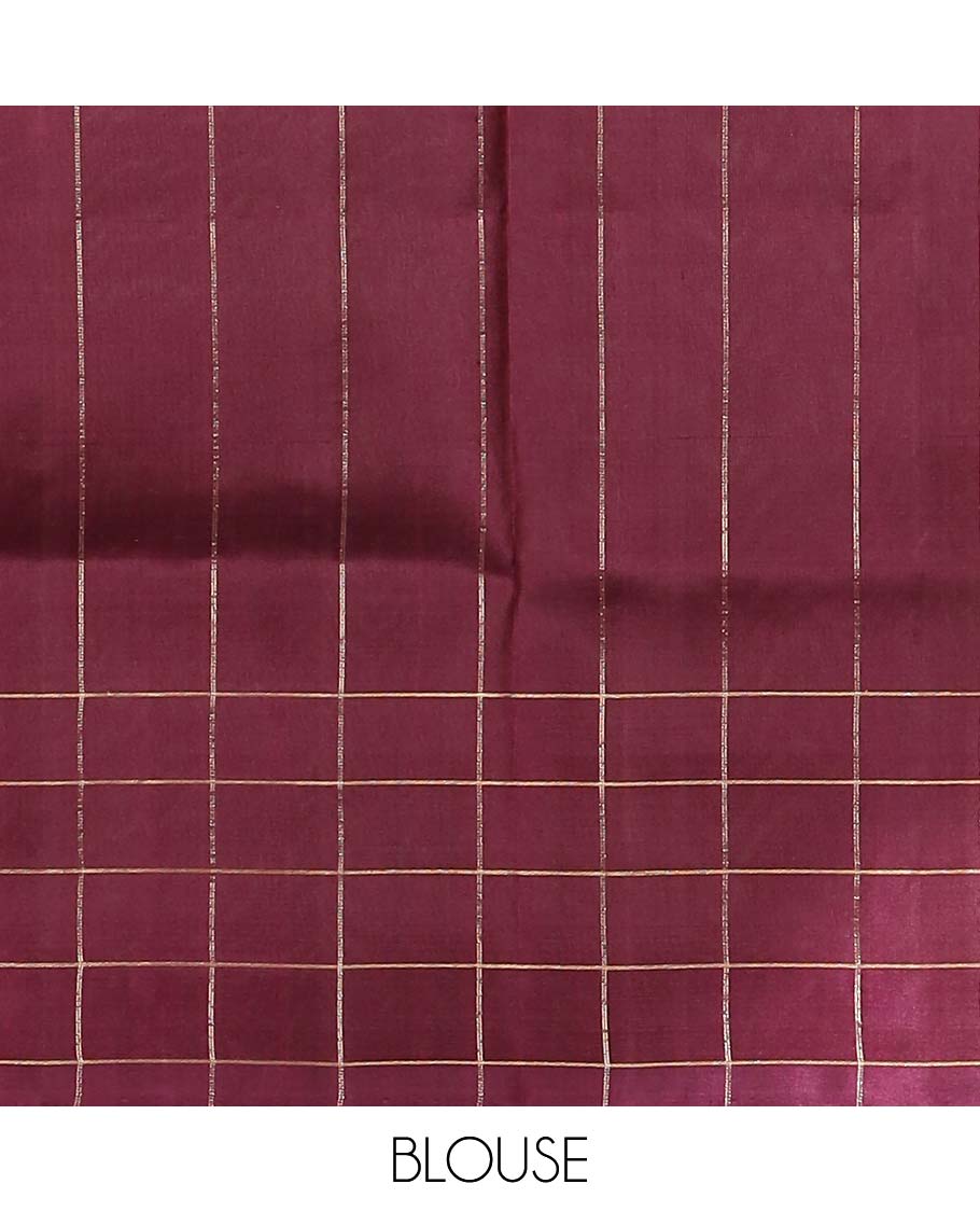 Peach soft silk saree with contrast checked border & floral jacquard design pallu