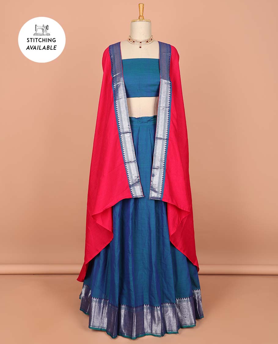 Violet cotton half saree with contrast zari border, plain blouse & plain with zari border dhavani