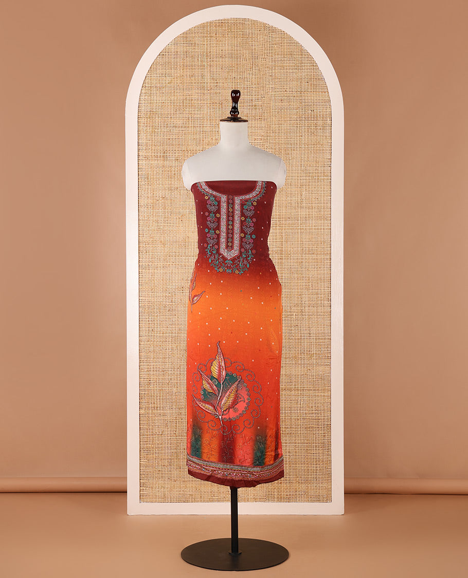 Red chudidar material set, double-shaded daman flower design print with stone work crepe top, leaf motif print & lace work kaleidoscopic-colored chinon dupatta & plain crepe bottom