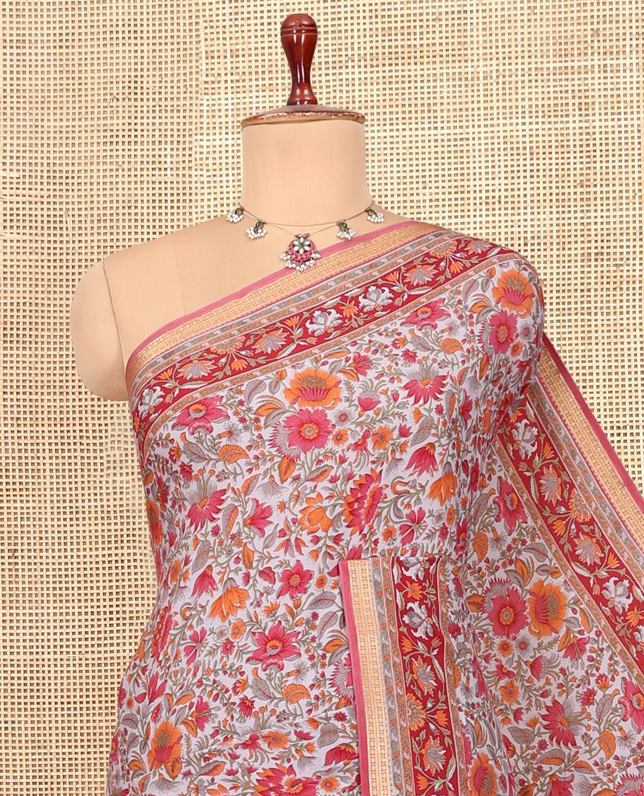 Grey Printed Silk Saree, Adorned with Floral-Vine Print, a Contrast Traditional Zari Border, Floral Pallu, and a Matching Blouse