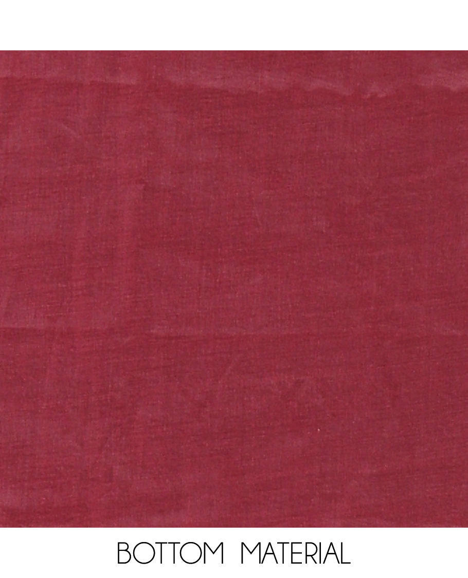 Maroon Vichitra Silk Designer Material Chudidar Set, Elegantly Detailed with Floral Cross-Stiched Embroidered Top, A Subtly Plain Santoon Bottom, and Paired with a Georgette Abstract Printed Dupatta