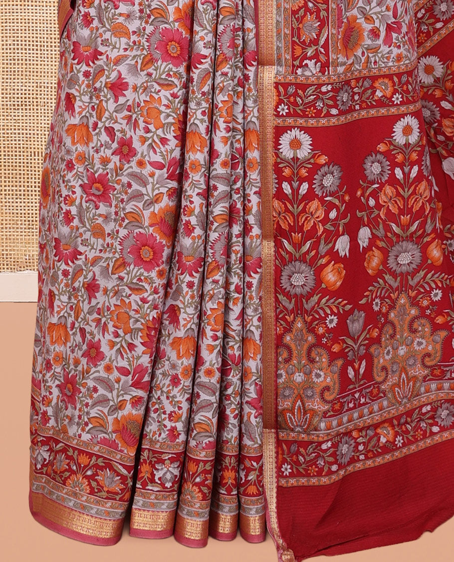 Grey Printed Silk Saree, Adorned with Floral-Vine Print, a Contrast Traditional Zari Border, Floral Pallu, and a Matching Blouse
