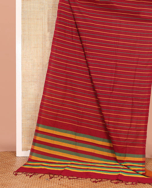 Borderless Red  Mangalagiri Cotton Saree Accentuated with Stripes All Over Its Body, Pallu Depicts Thick Stripes, and Paired with a Contrast Blouse