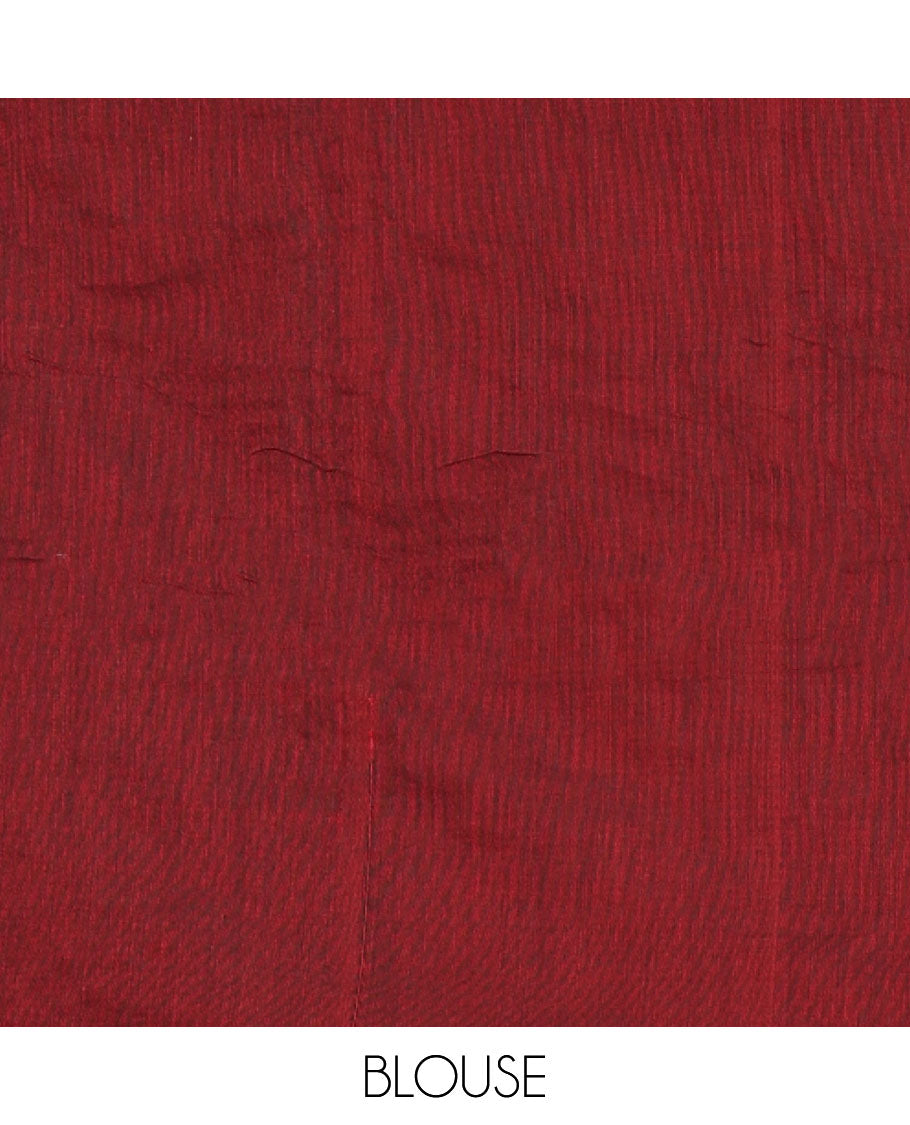 Borderless maroon vertical multi-color thread striped khadi jute linen saree, striped pallu & matching plain blouse