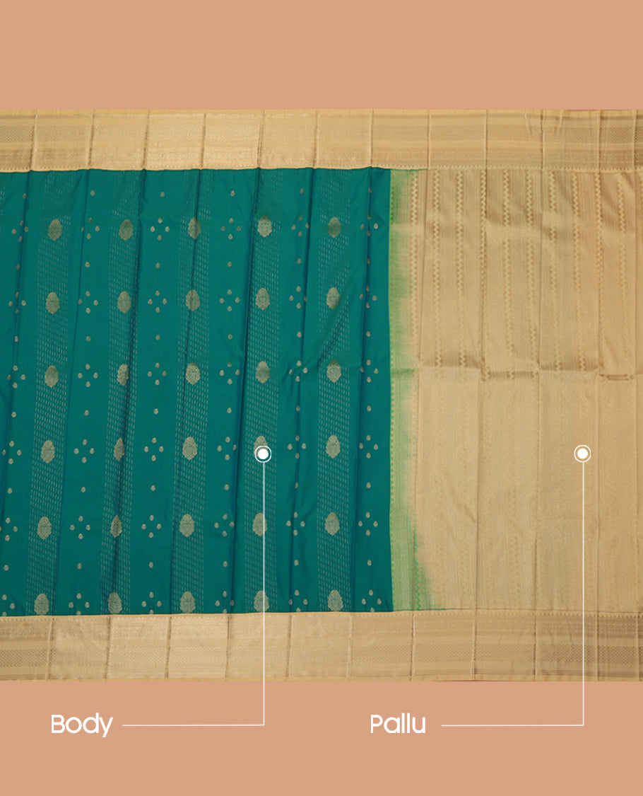 Green Budget Silk Saree, Woven with Zari Buttas, a Contrast Traditional Zari Border, Sparsely Woven Pallu, and a Contrast Blouse