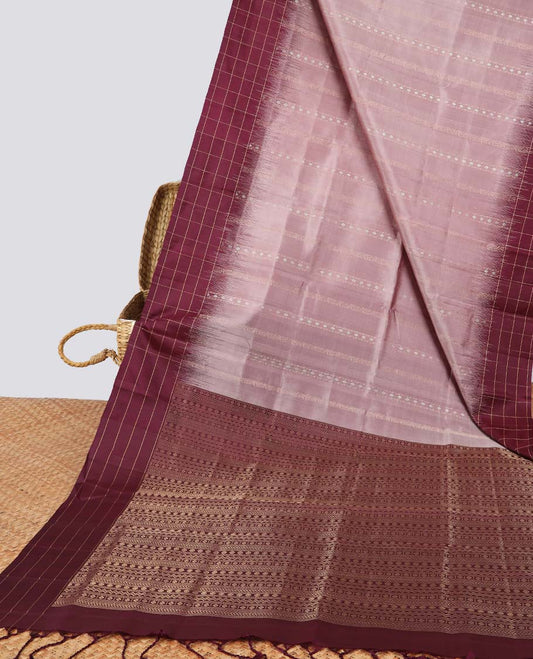Peach soft silk saree with contrast checked border & floral jacquard design pallu