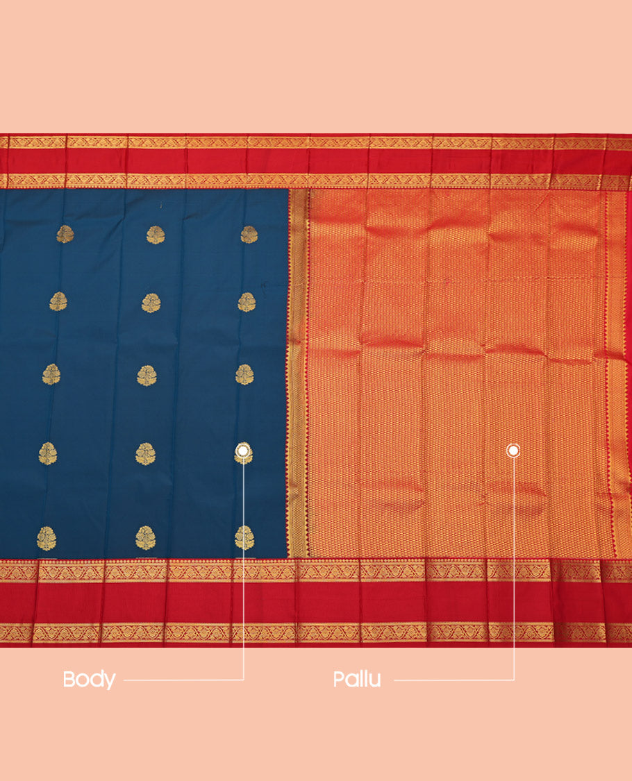 Blue Budget Silk Saree, Woven with Zari Buttas, Complemented by Contrast Floral Creeper Rettai Pettu Border, Grand Pallu and a Contrast Blouse
