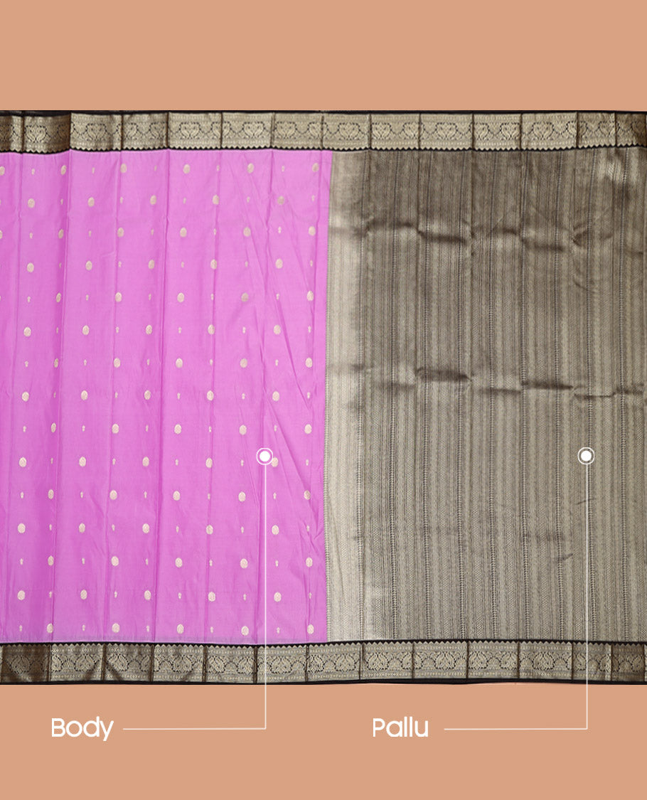 Pink Budget Silk Saree, Gleamed Up with Zari Buttas on Its Body, Complemented by a Contrast Traditional Zari Design Border, Geometric Patterned Pallu, and Paired with a Contrast Blouse