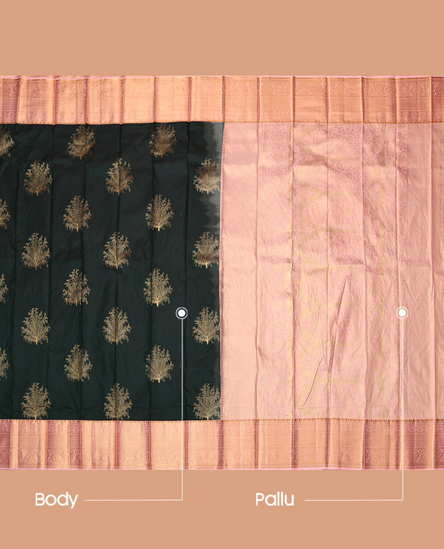 Green Budget Silk Saree, Finely Woven with Floral Buttas, Contrast Traditional Zari Border, Grand Pallu, and a Contrast Blouse