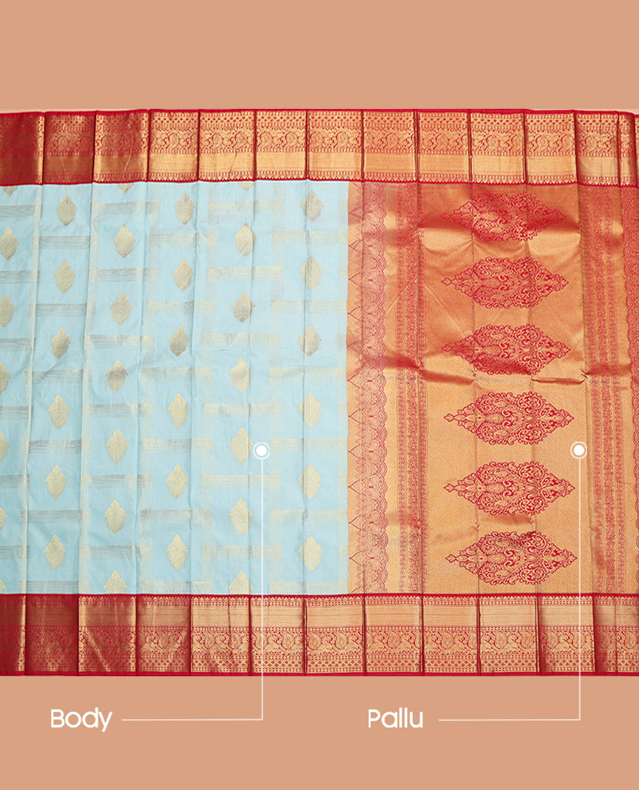 Baby Blue Budget Silk Saree, Woven with Zari Buttas and Checks, Captivating Contrast Traditional Zari Design Border, Grand Pallu, and a Contrast Blouse