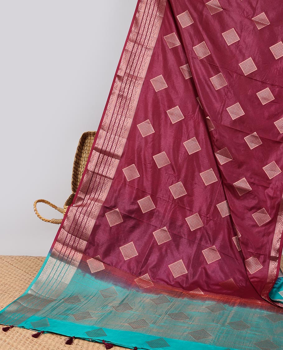 Maroon square motifs semi- banaras tussar saree with self zari striped border &  square motifs pallu
