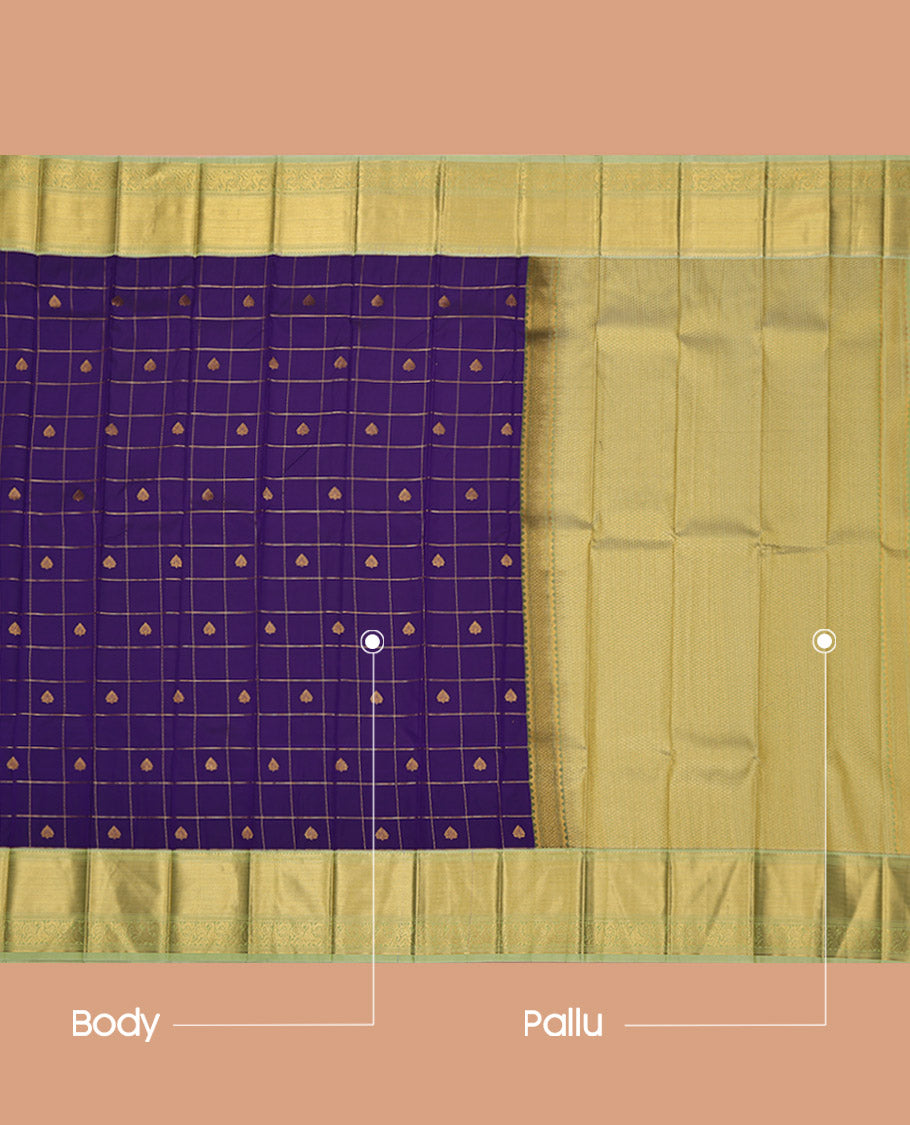 Violet Budget Silk Saree, Accentuated with Zari Butta Enclosed Checks on Its Body, Complemented by a Contrast Traditional Zari Border, Jaal Pallu, and Paired with a Contrast Blouse