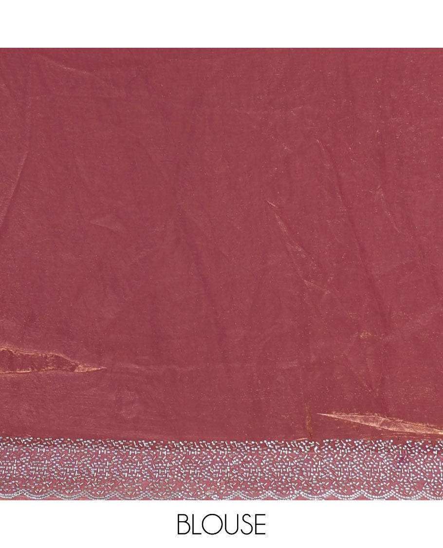 Lavender Swarovski crystal stone embedded fendy chiffon saree, scallop Swarovski stone embroidered border, and contrast plain blouse