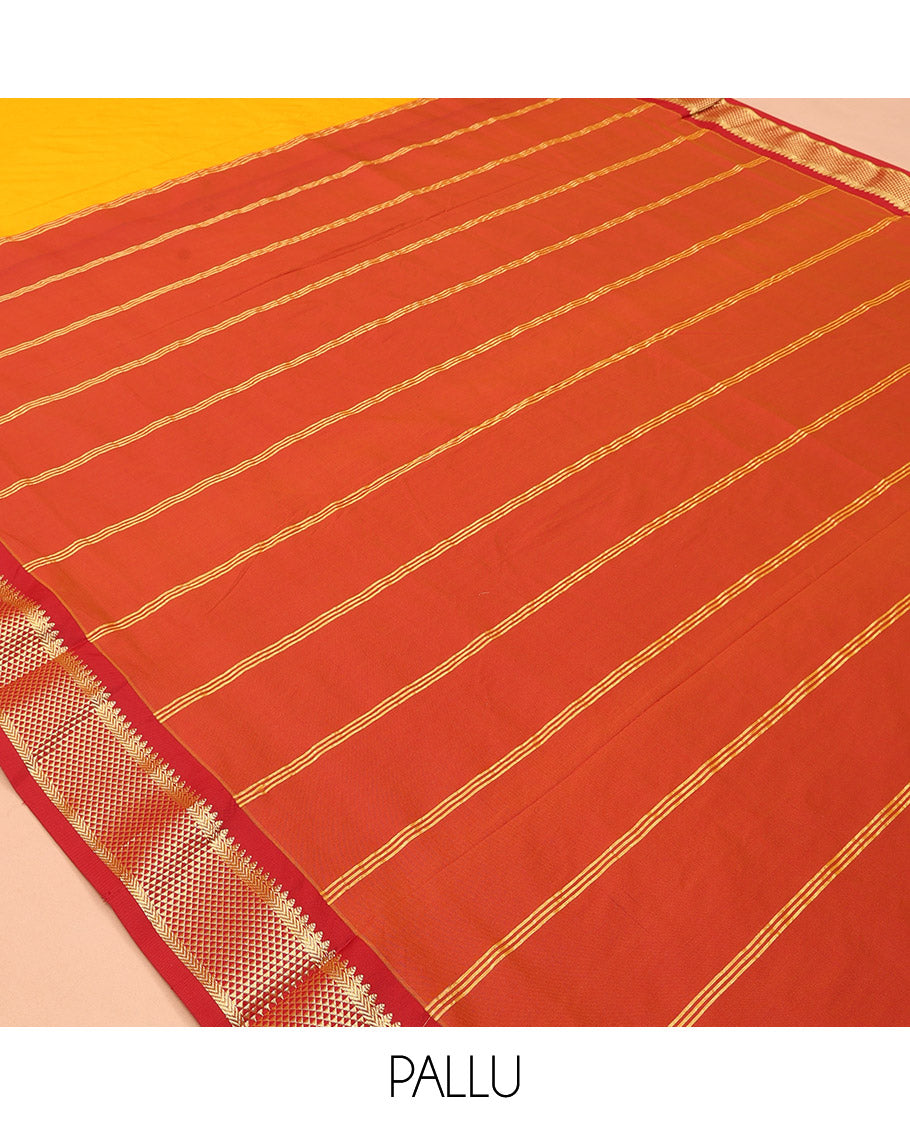 Yellow Plain Ten Yard Saree, a Contrast Zari Border of Ara Maadam Designs, Contrast Striped Pallu, and No Blouse