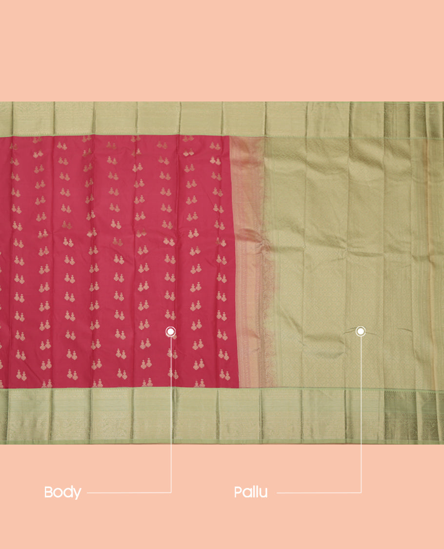 Red Budget Silk Saree, Woven with Zari Buttas, a Contrast Traditional Zari Border, Grand Pallu, and a Contrast Blouse