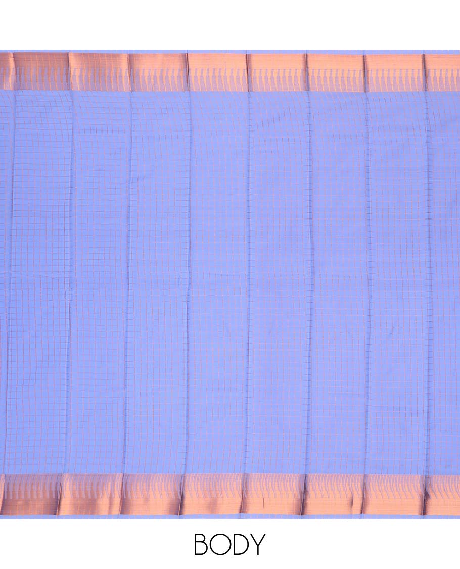 Lavender checked kora cotton saree with contrast temple border & checked zari design pallu