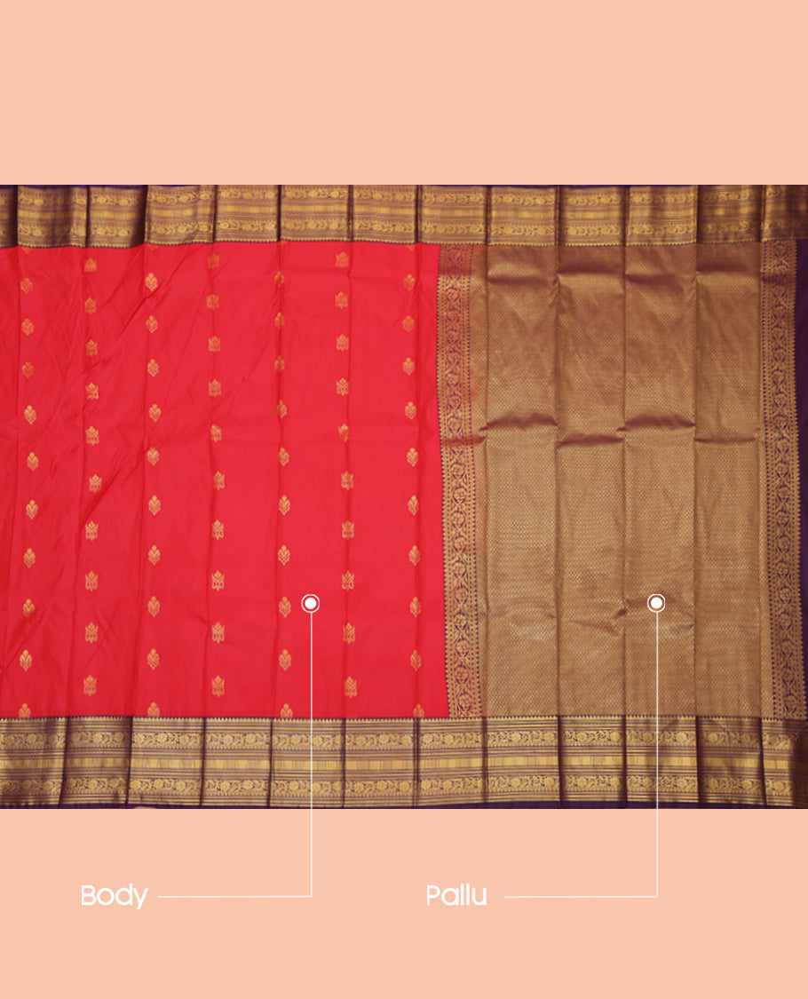 Red Budget Silk Saree, Enthralled with Zari Buttas, Complemented by Contrast Traditional Zari Border, a Jaal Pallu and a Contrast Blouse