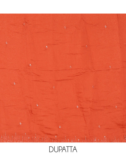 Rust material chudidar set, Kashmir embroidered and sequins work mul chanderi top, plain santoon bottom, and scallop embroidered dupatta