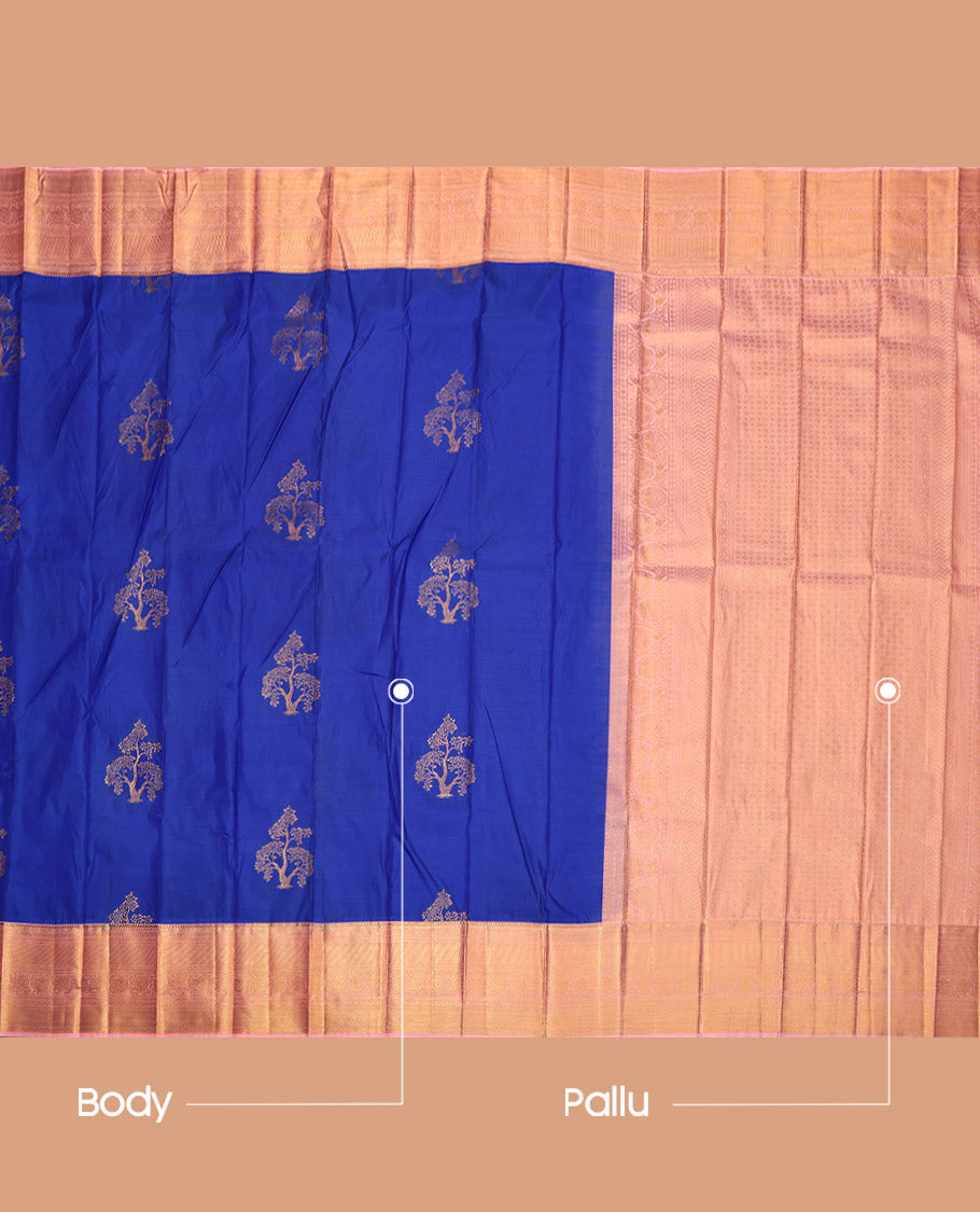 Royal Blue Budget Silk Saree, Accentuated with Tree Zari Buttas, Complemented by a Contrast Traditional Border, Grand Pallu, and a Contrast Blouse