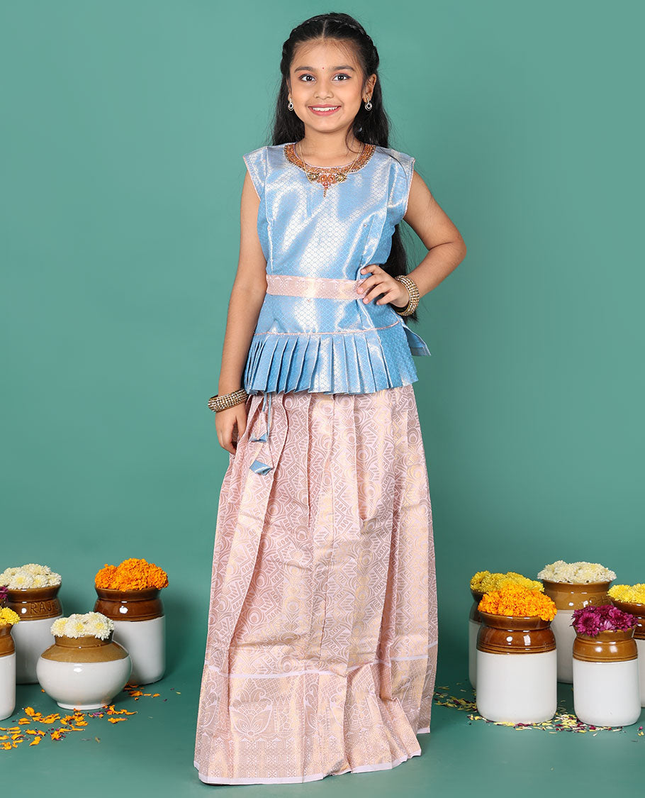 Sandal readymade art silk pavadai, jacquard skirt & contrast jacquard round neck embroidered sleeveless blouse