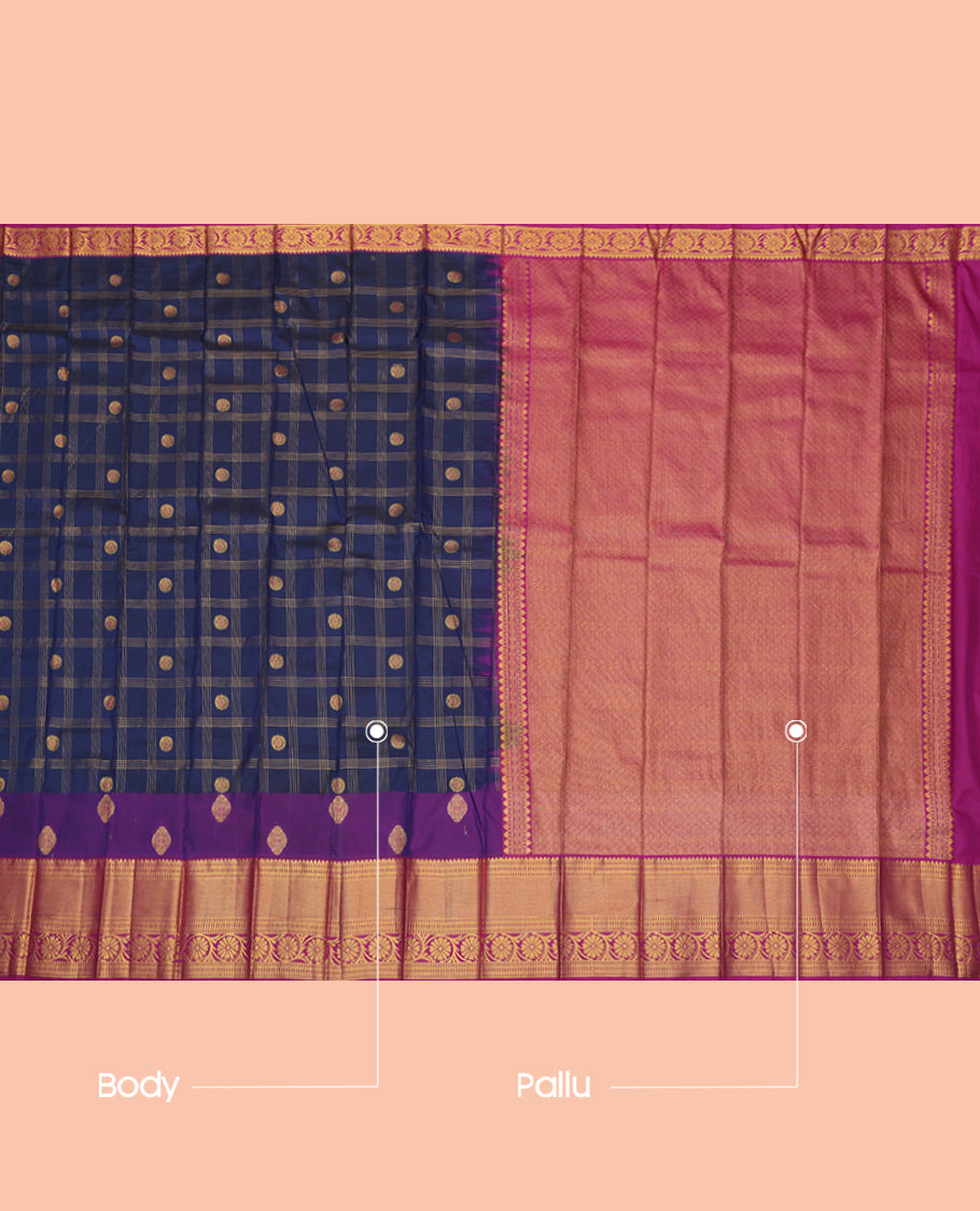 Navy Blue Budget Silk Saree, Elevated with Zari Buttas Enclosed Checks, a Contrast Traditional Zari Border, Grand Pallu, and a Contrast Blouse