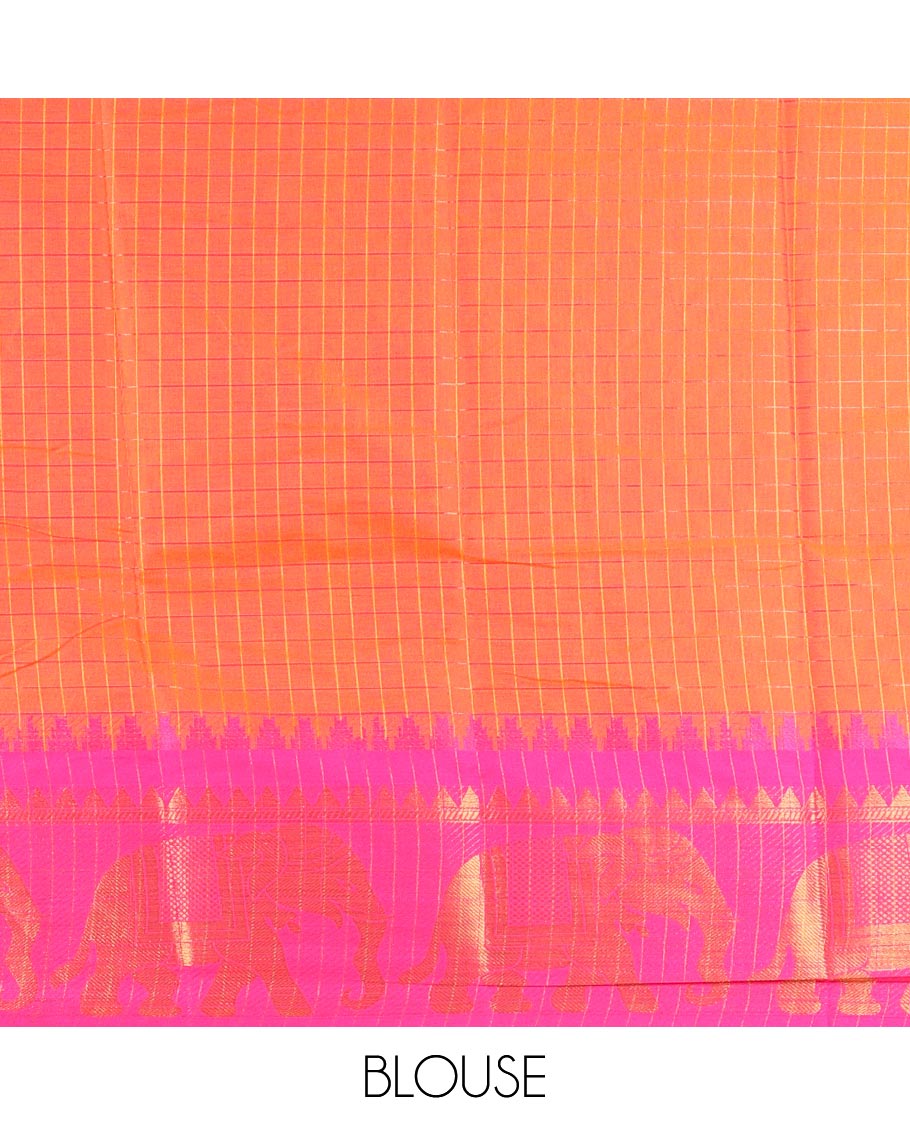 Mustard zari checked design dola silk saree with contrast elephant design border & chit pallu along with checked design blouse