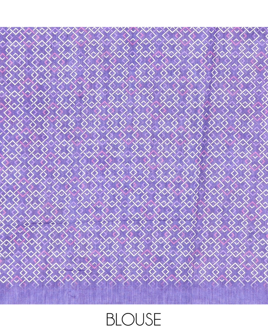 Violet Linen Cotton Saree, Bedecked with Floral and Deer Motifs Print, a Contrast Border, Striped Pallu, Contrast Blouse