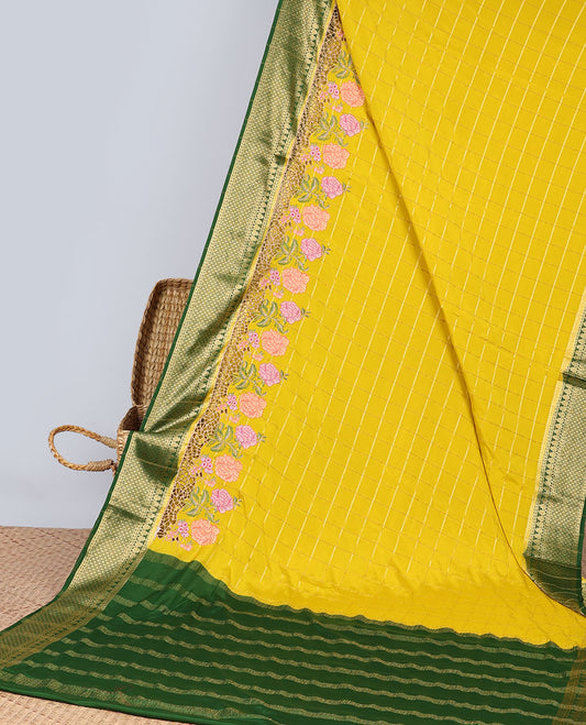 Yellow checked zari with floral embroidery mysore silk saree , contrast zari border & striped zari pallu