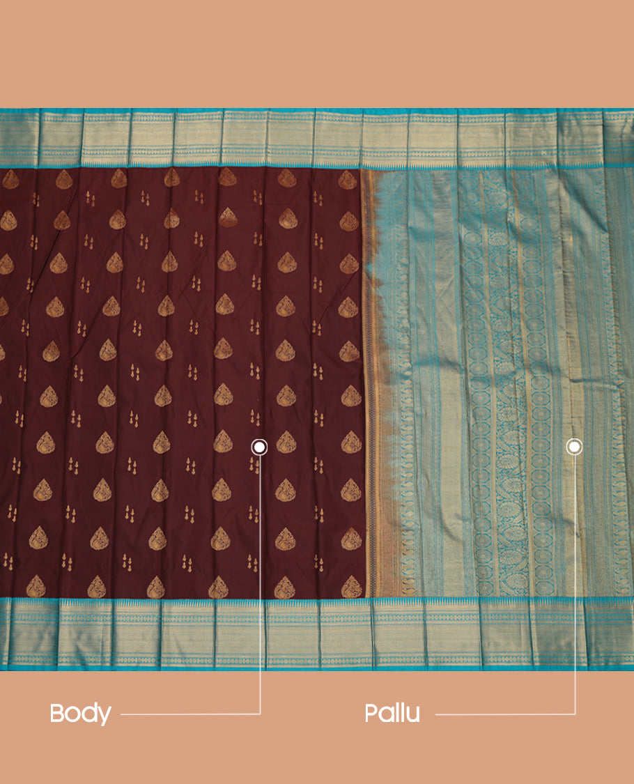 Brown Budget Silk Saree, Decorated with Zari Buttas, a Contrast Traditional Zari Border, Grand Pallu, and a Contrast Blouse