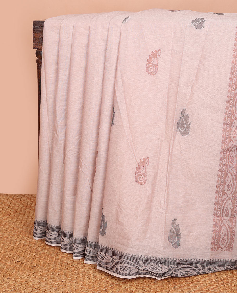 Peach buttas Combatiore cotton saree, paisley creeper border & pallu of paisley designs