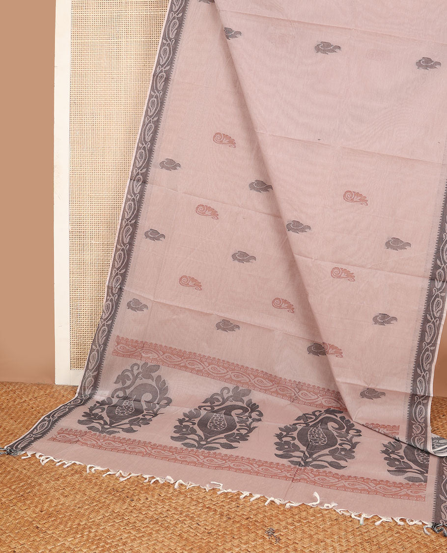Peach buttas Combatiore cotton saree, paisley creeper border & pallu of paisley designs