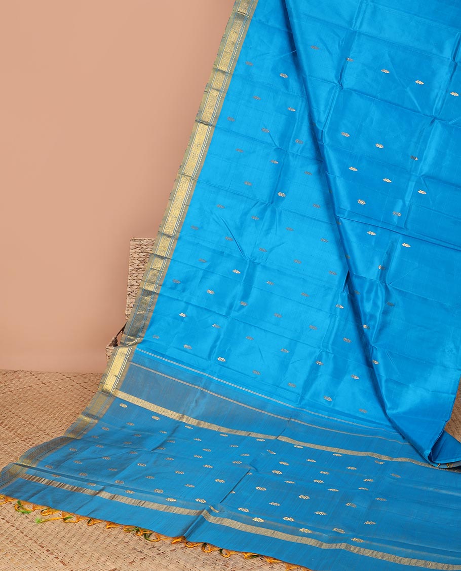Blue  floral buttas kancheepuram silk saree with self border of banaras, jaal design & zari design pallu