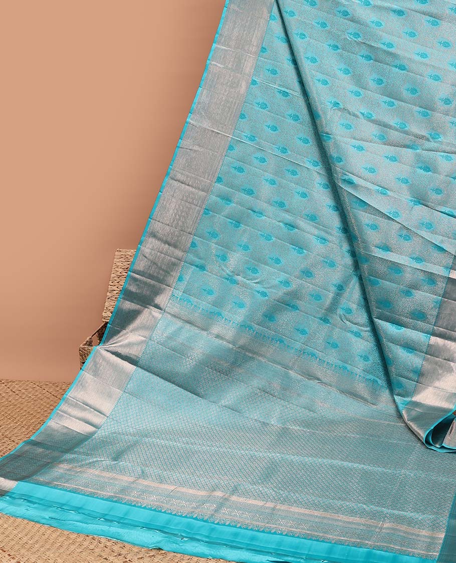 Blue floral vine jacquard kancheepuram silk saree with self border of thilakam mokku, kathir, banaras design & zari design pallu '