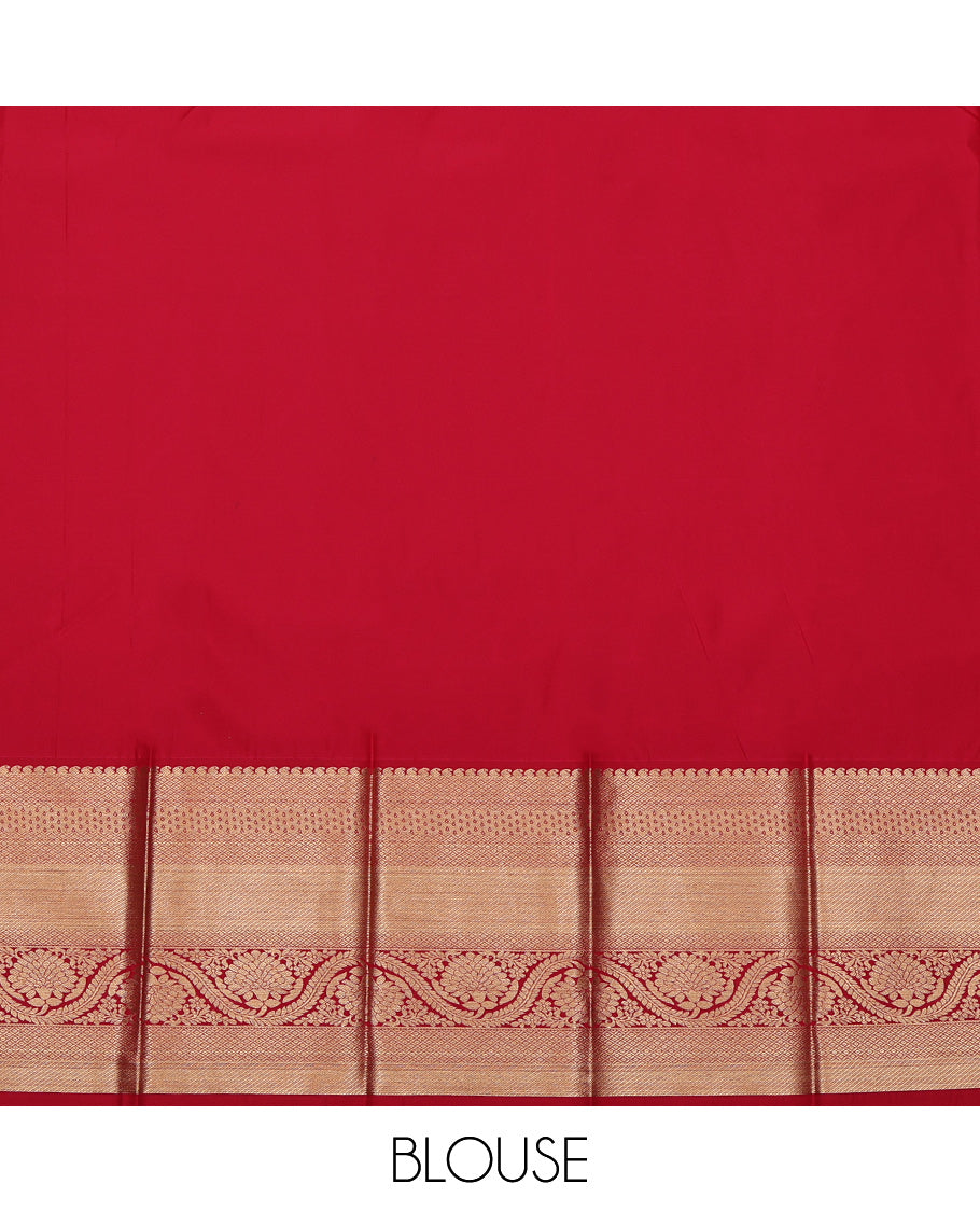 Sandal Budget Silk Saree, Sparsely Woven with Zari Buttas on Its Body, Complemented by a Contrast Traditional Zari Border, Grand Pallu, and Paired with a Contrast Blouse