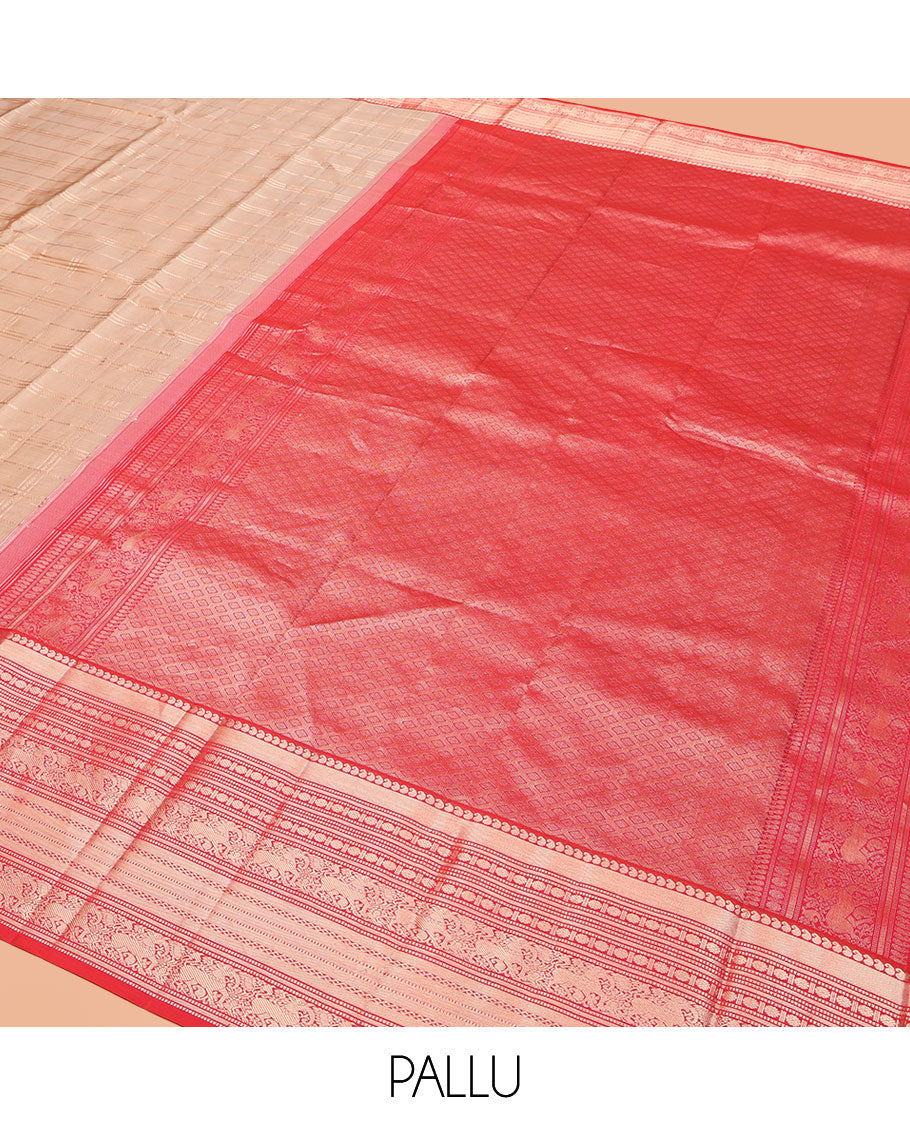 Sandal Vasundhara Silk Saree, Prettified with Zari Checked Design All Over Its Body, Complemented by a Contrast Border of Manga, Muthu, Rudraksham, and Yaali Designs, Grand Jaal Pallu, and Paired with a Contrast Blouse