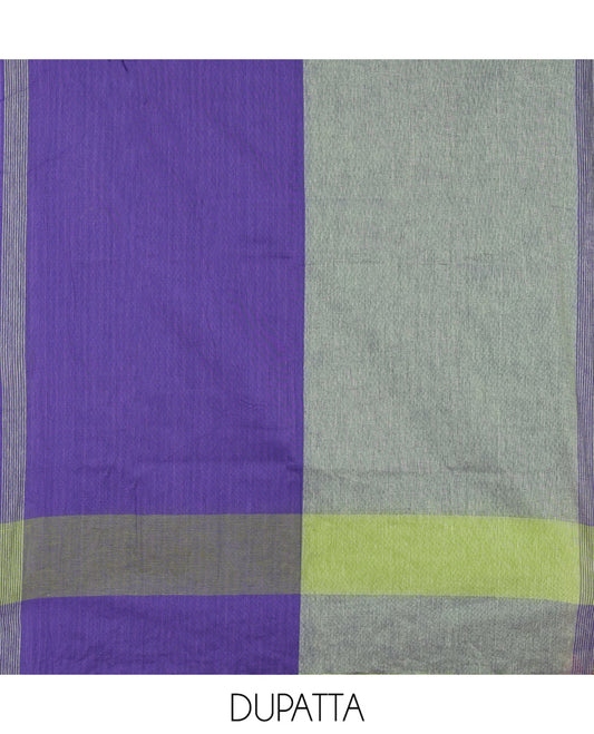 Green Handloom Cotton Material Chudidar, Buttas Woven Top, a Plain Bottom, and Contrast Dupatta