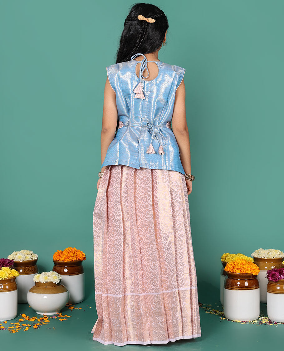 Sandal readymade art silk pavadai, jacquard skirt & contrast jacquard round neck embroidered sleeveless blouse