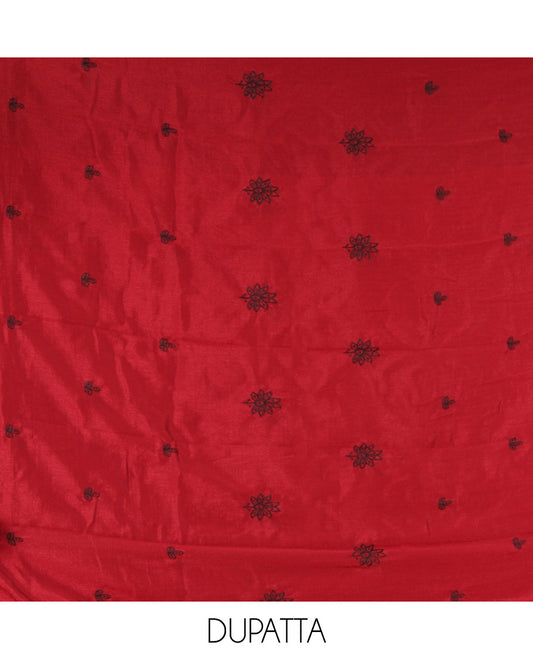 Maroon Vichitra Silk Material Chudidar Set Featuring Sequins-Thread-Embroidered Top, a Santoon Bottom, and Matching Scallop-Embroidery Dupatta