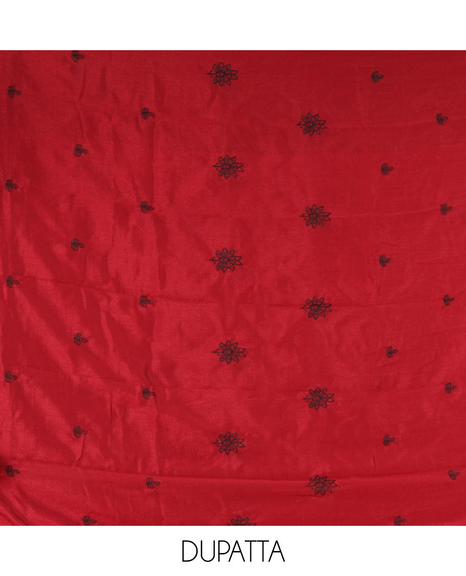 Maroon Vichitra Silk Material Chudidar Set Featuring Sequins-Thread-Embroidered Top, a Santoon Bottom, and Matching Scallop-Embroidery Dupatta