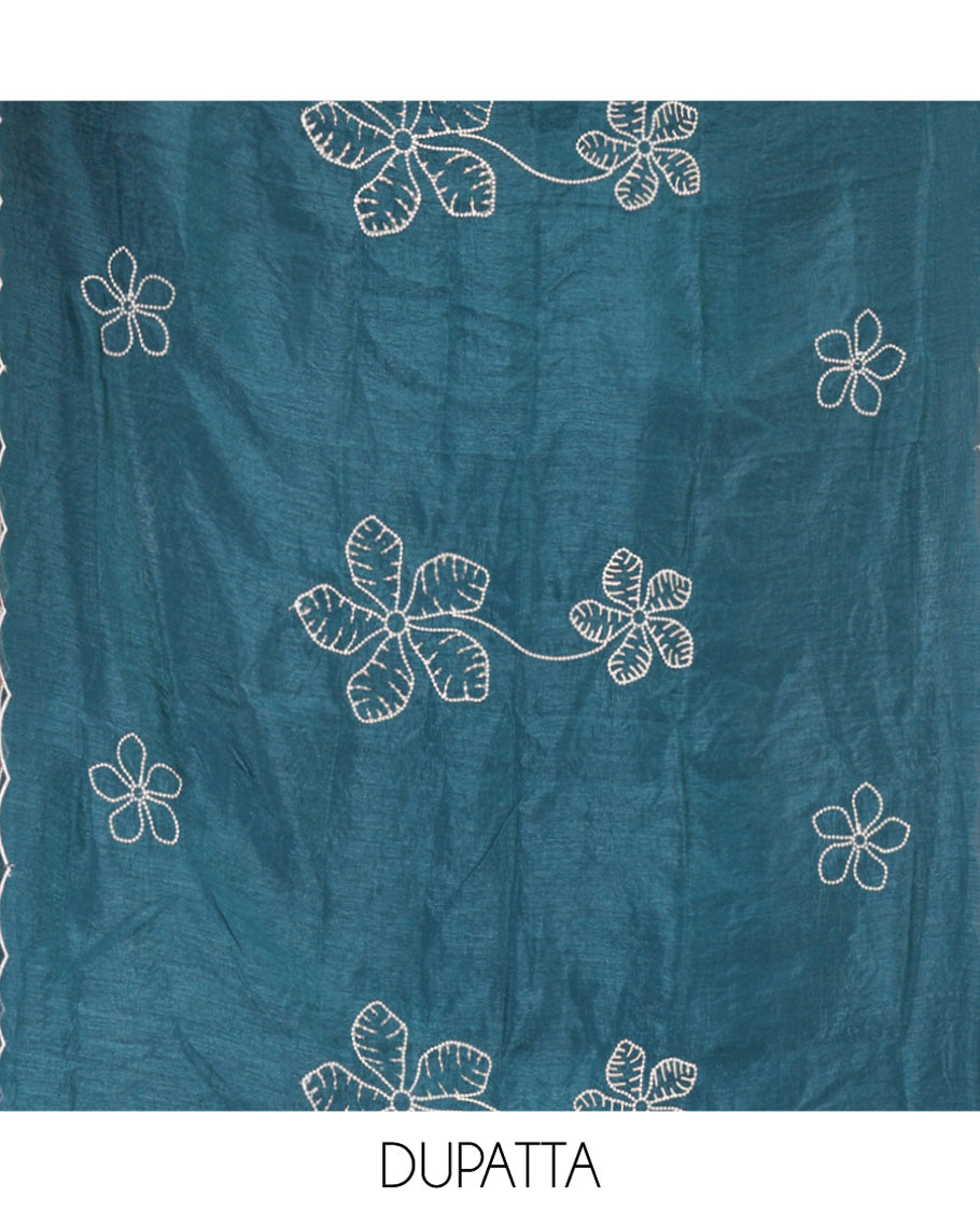 Peacock Blue Material Chudidar Set, Delicately Woven with Floral Thread Embroidered Mul Chanderi Top, a Mul Chanderi Bottom, Paired with Floral Thread-Embroidered Mul Chanderi Dupatta