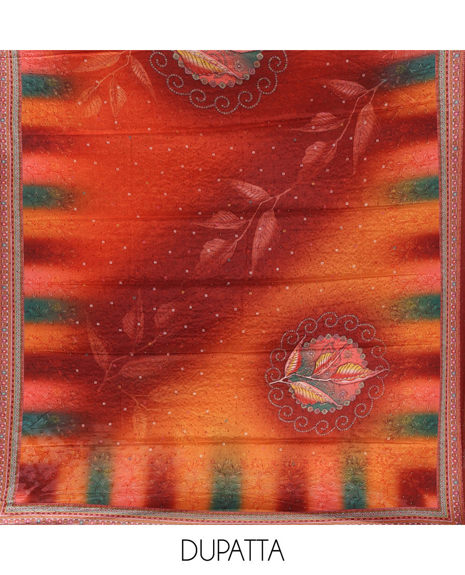 Red chudidar material set, double-shaded daman flower design print with stone work crepe top, leaf motif print & lace work kaleidoscopic-colored chinon dupatta & plain crepe bottom