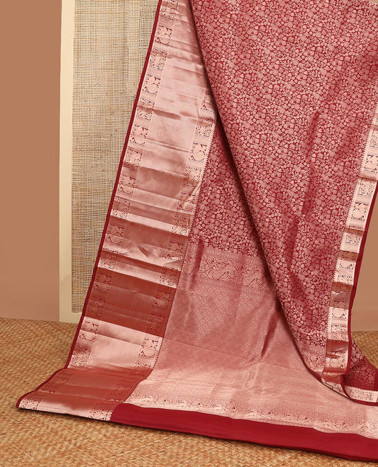 maroon floral jacquard kancheepuram silk saree with self border of thilakam mokku, muthu, banaras, mayil design & zari design pallu