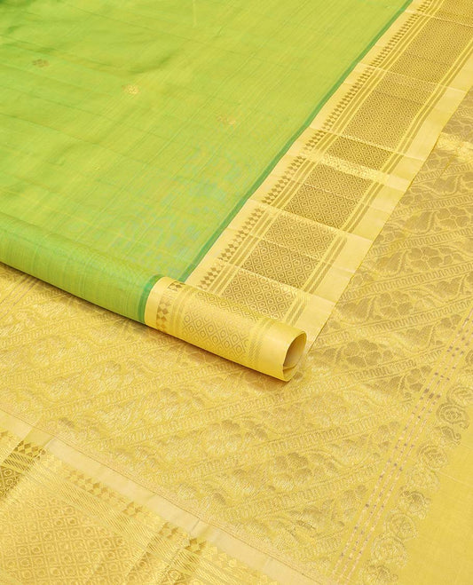 Light green floral buttas kancheepuram silk saree with contrast zari designb order & floral striped design pallu
