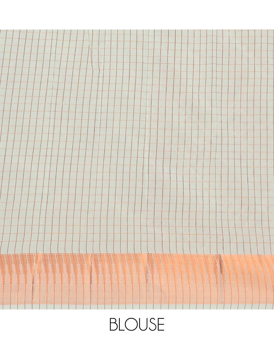 Lavender checked kora cotton saree with contrast temple border & checked zari design pallu